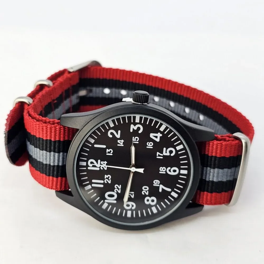 Field Men's Watch 42MM Black Case Black Dial Red Black Gray‎ Canvas Band Strap